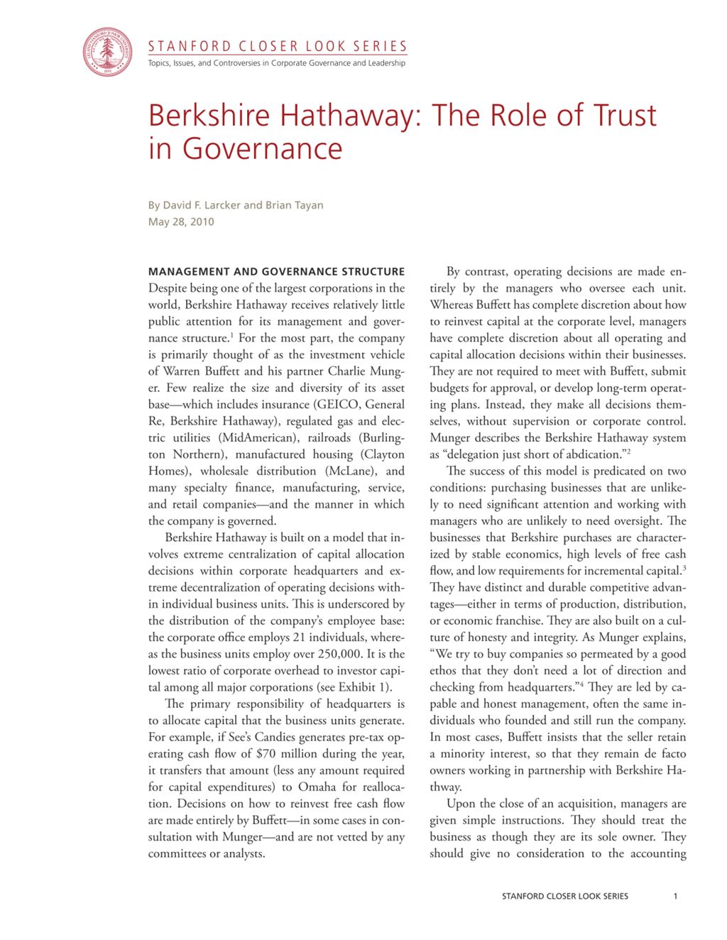 Miniature of Berkshire Hathway: The Role of Trust in Governance