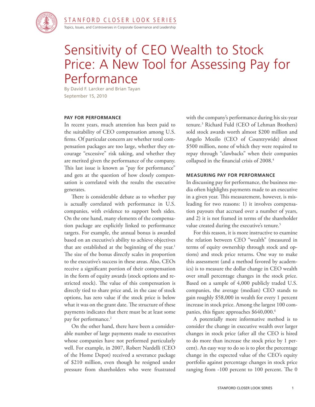 Miniature of Sensitivity of CEO Wealth to Stock Price: A New Tool for Assessing Pay for Performance