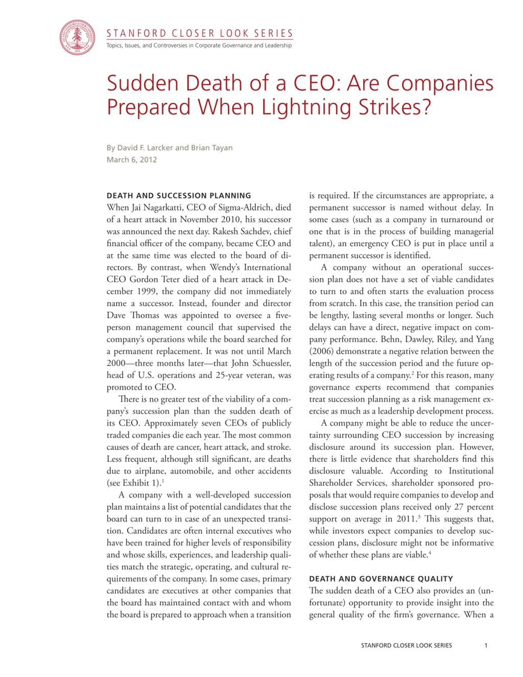 Miniature of Sudden Death of a CEO: Are Companies Prepared When Lightning Strikes?