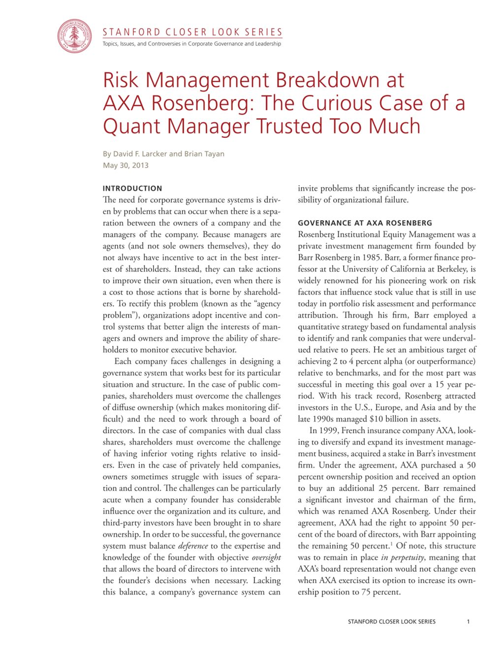 Miniature of Risk Management Breakdown at AXA Rosenberg: The Curious Case of a Quant Manager Trusted Too Much