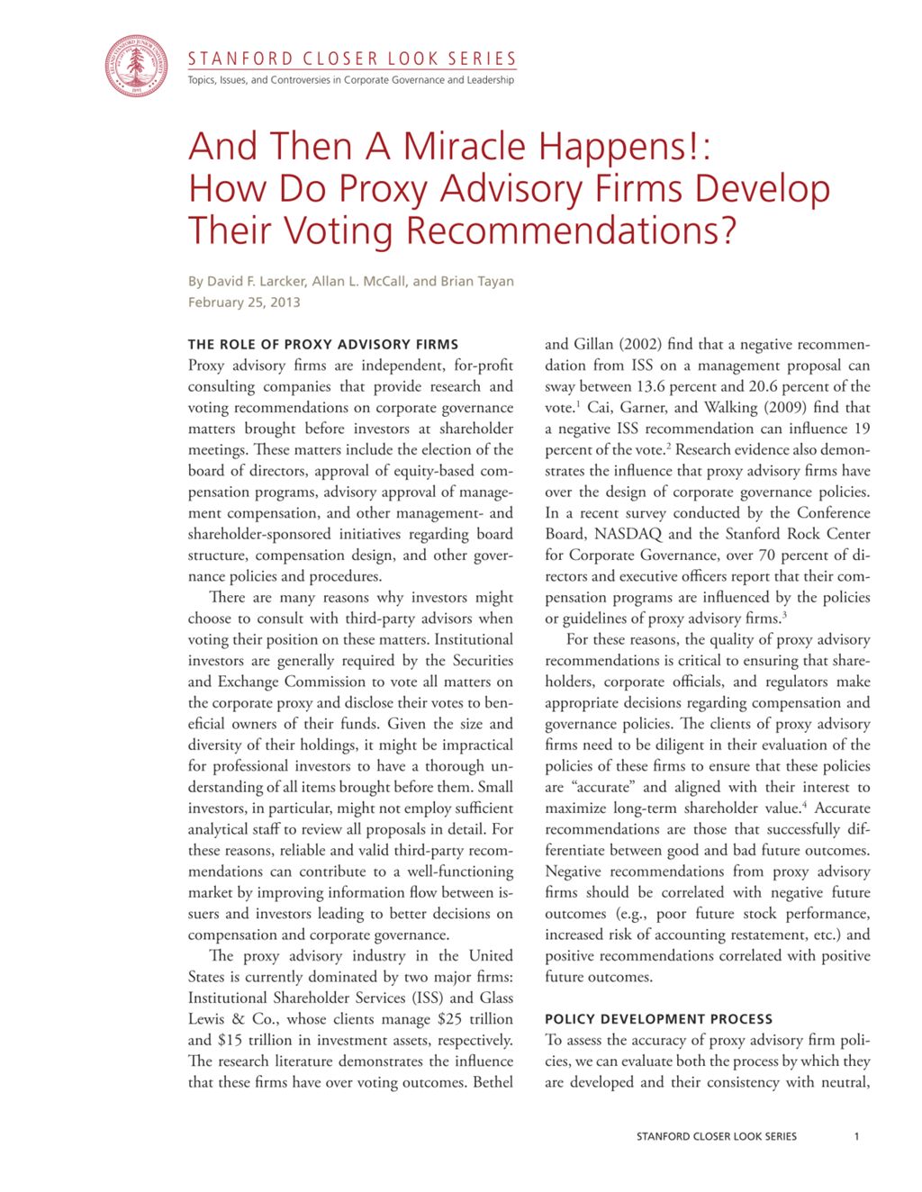 Miniature of And Then a Miracle Happens!: How Do Proxy Advisory Firms Develop Their Voting Recommendations?