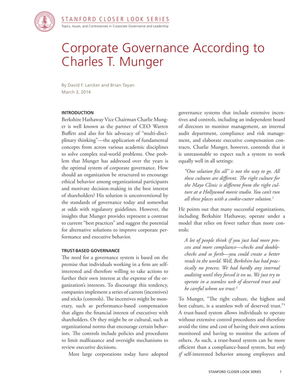 Miniature of Corporate Governance According to Charles T. Munger