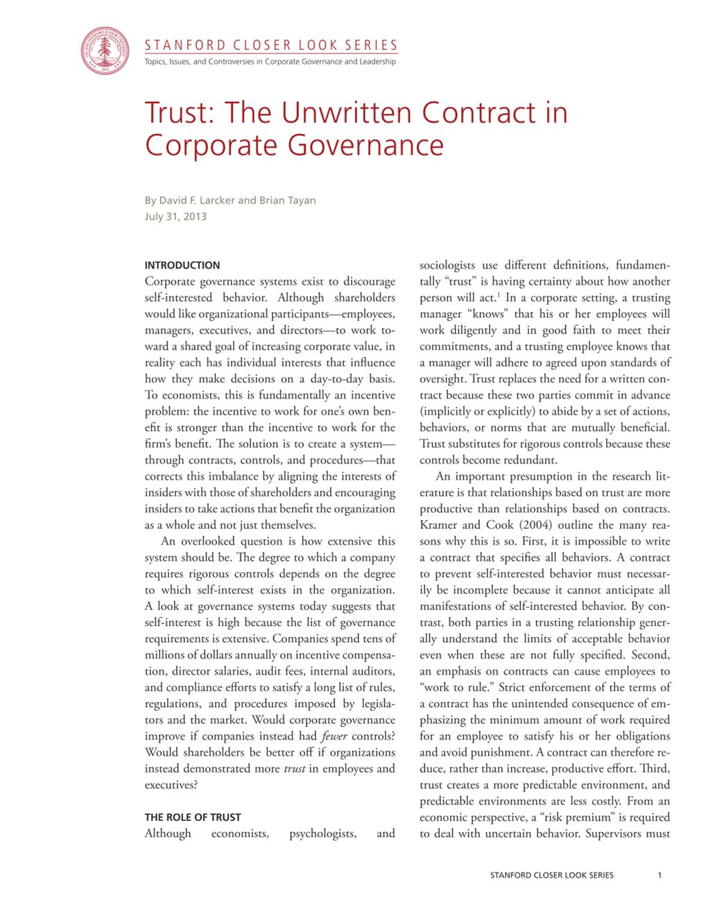 Miniature of Trust: The Unwritten Contract in Corporate Governance