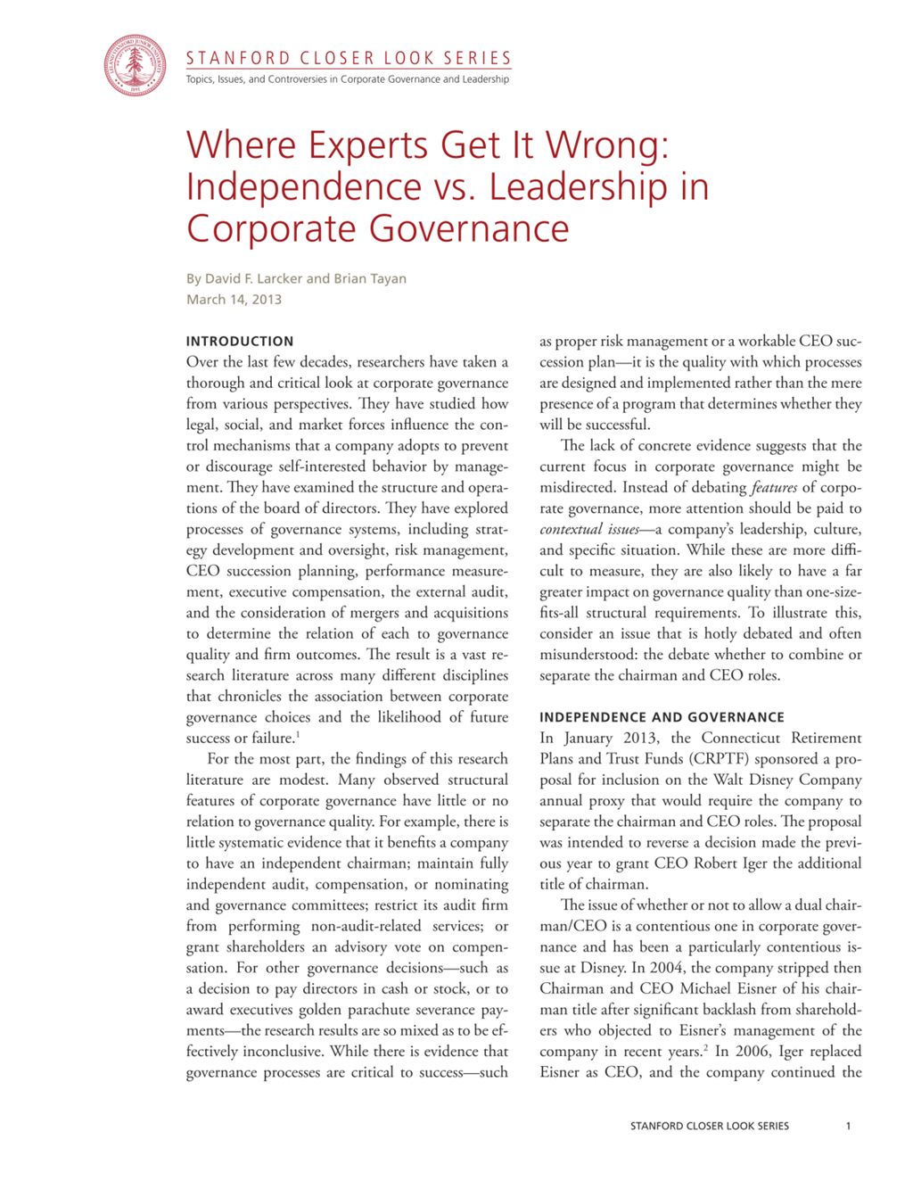 Miniature of Where Experts Get It Wrong: Independence vs. Leadership in Corporate Governance