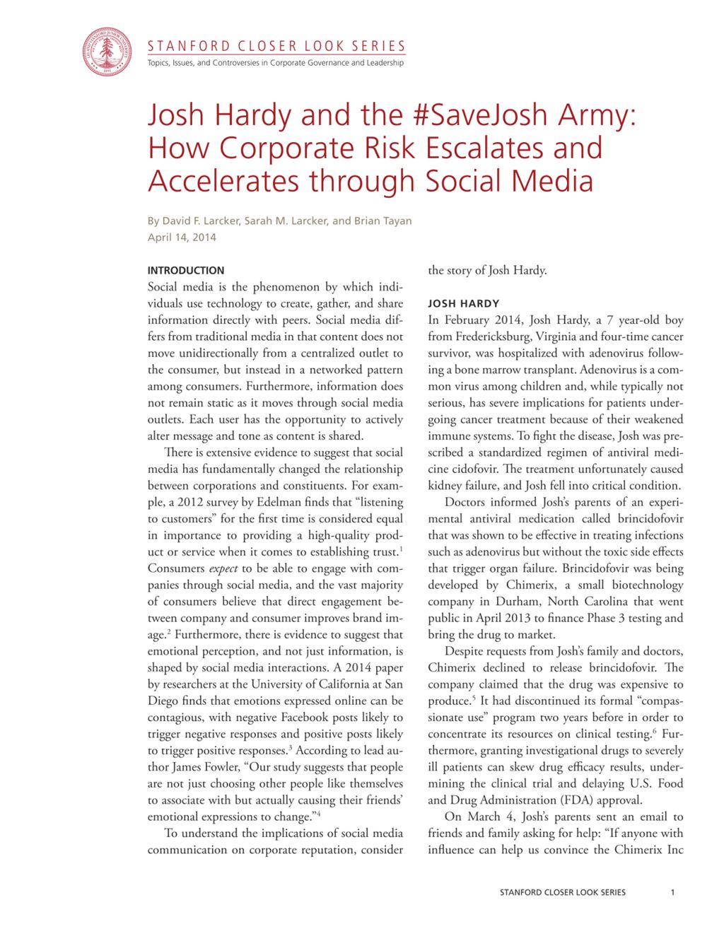 Miniature of Josh Hardy and the #SaveJosh Army: How Corporate Risk Escalates and Accelerates through Social Media