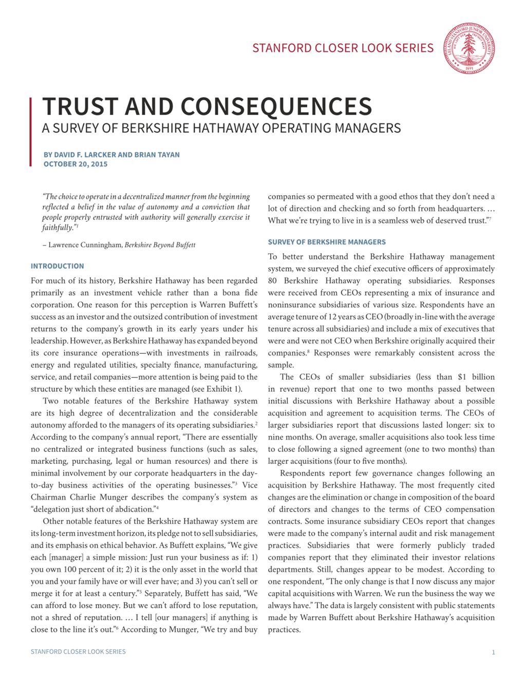 Miniature of Trust and Consequences: A Survey of Berkshire Hathaway Operating Managers