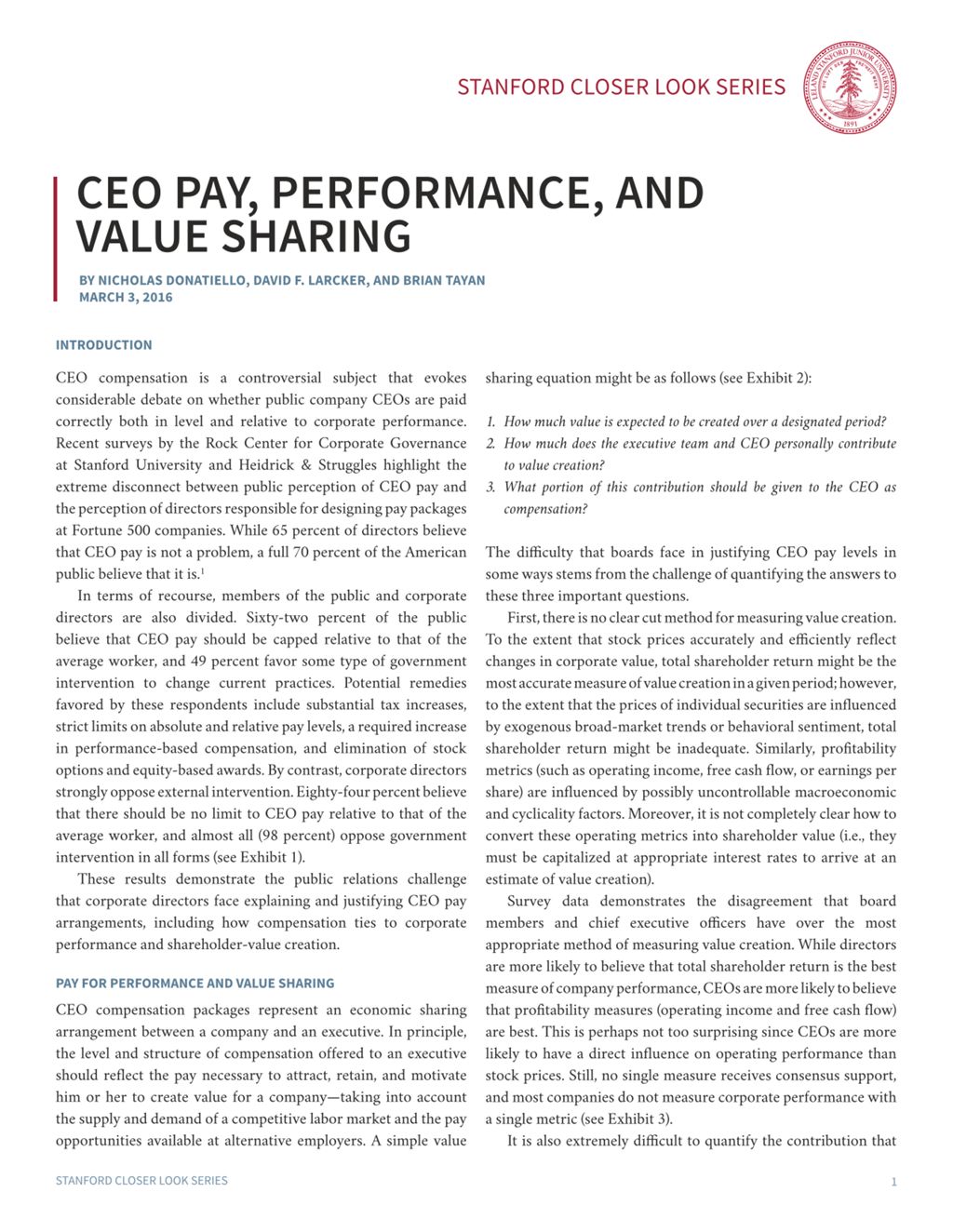 Miniature of CEO Pay, Performance, and Value Sharing