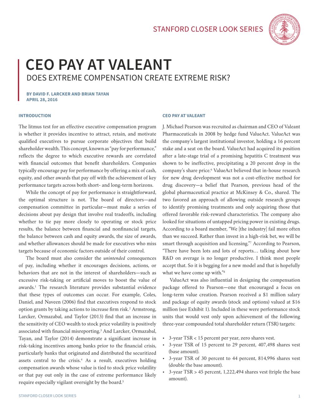 Miniature of CEO Pay at Valeant: Does Extreme Compensation Create Extreme Risk?