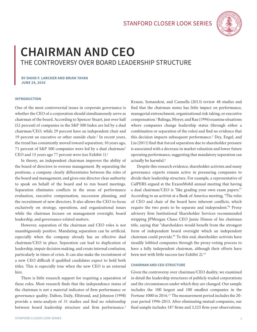 Miniature of Chairman and CEO: The Controversy Over Board Leadership Structure