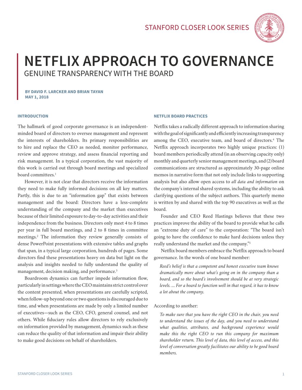 Miniature of Netflix Approach to Governance: Genuine Transparency with the Board