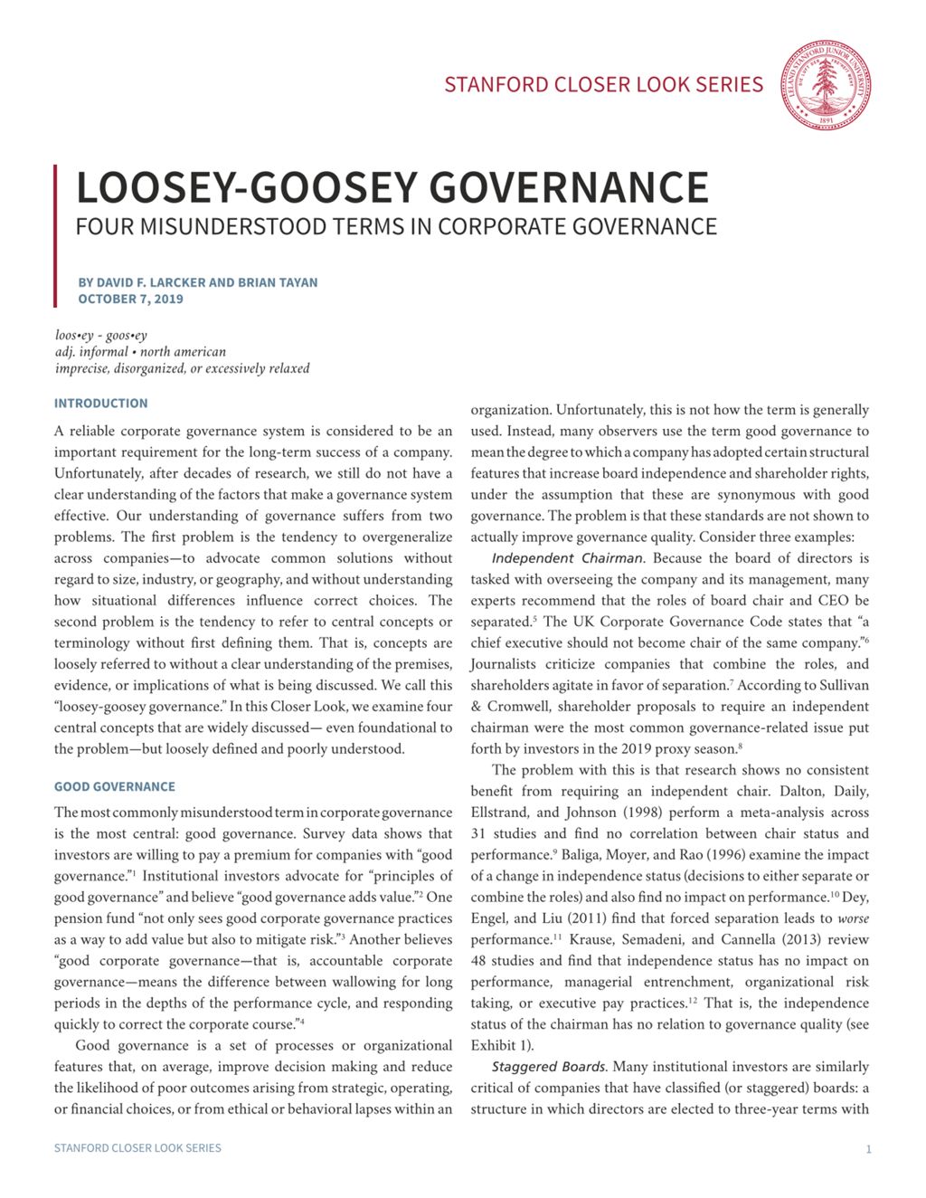 Miniature of Loosey-Goosey Governance: Four Misunderstood Terms in Corporate Governance