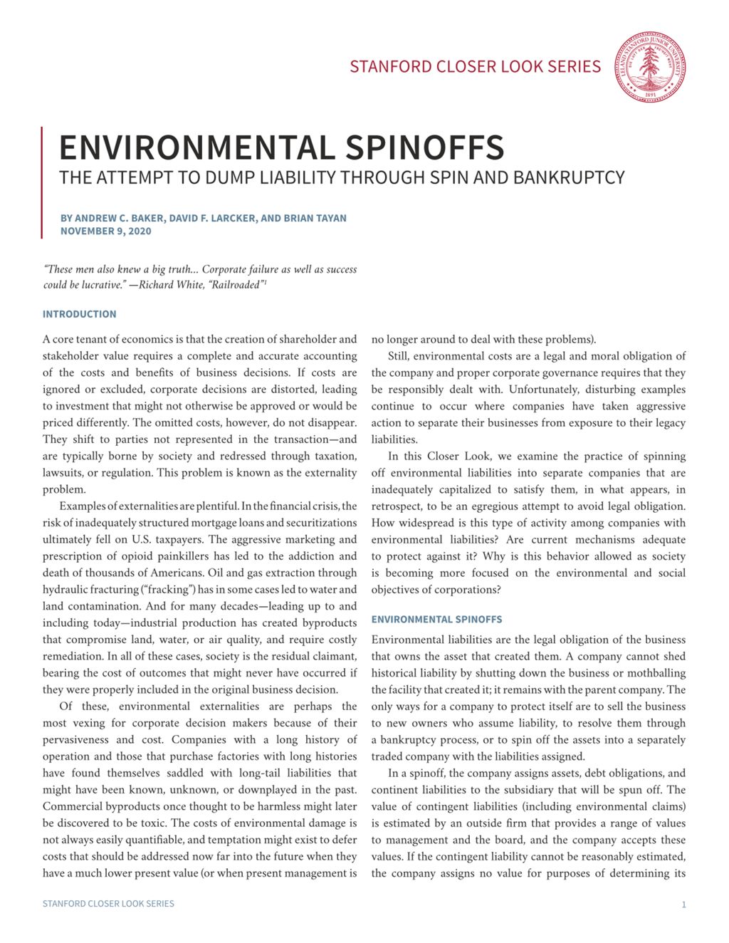 Miniature of Environmental Spinoffs: The Attempt to Dump Liability Through Spin and Bankruptcy