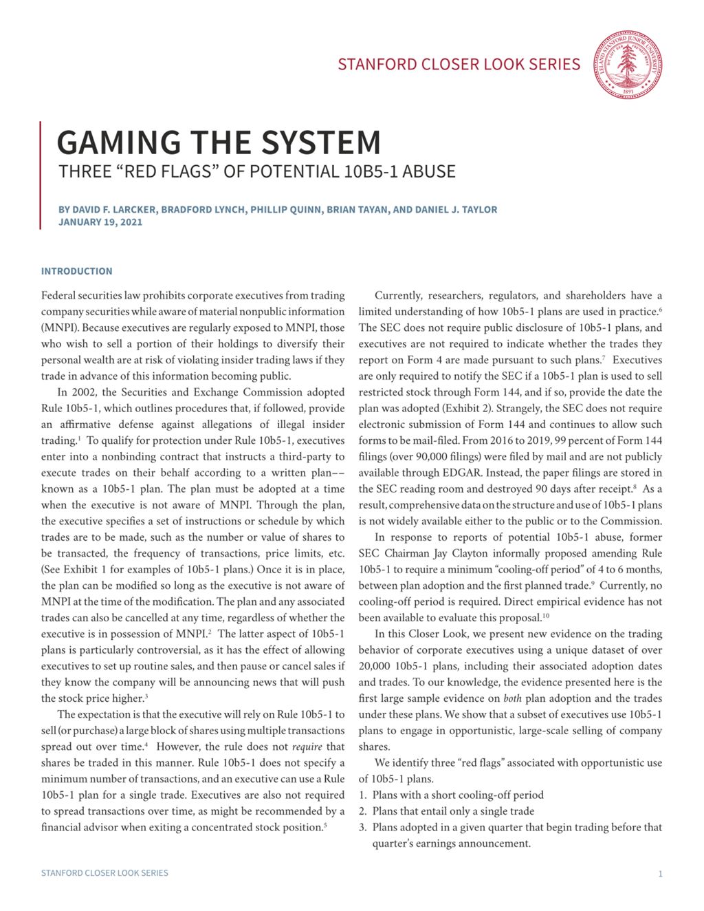 Miniature of Gaming the System: Three “Red Flags” of Potential 10b5-1 Abuse