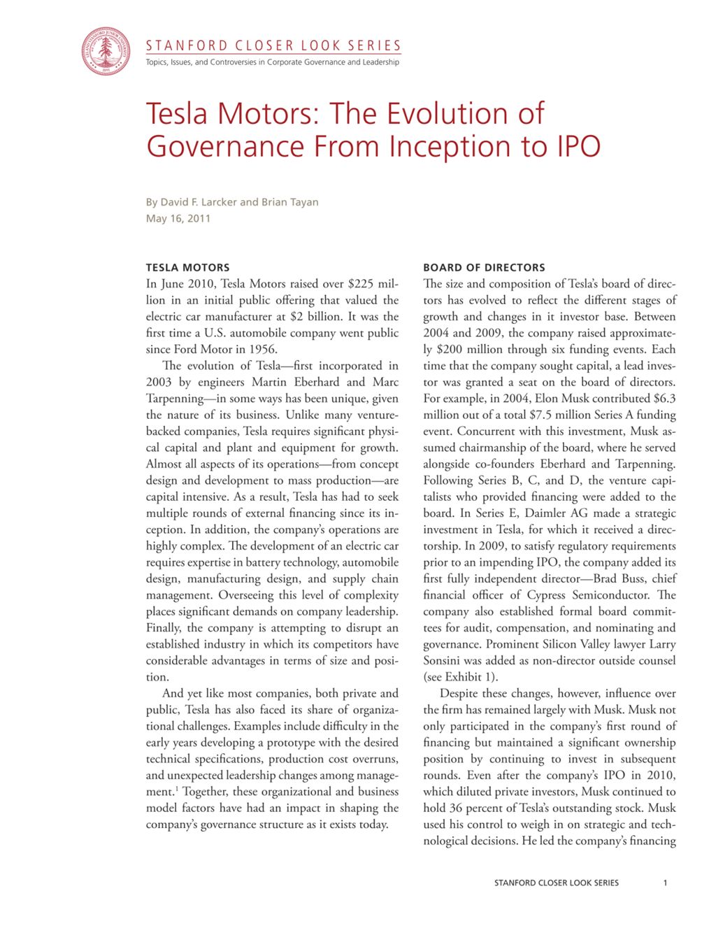 Miniature of Tesla Motors: The Evolution of Governance from Inception to IPO