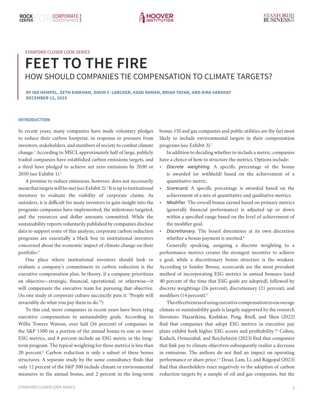 Miniature of Feet to the Fire: How Should Companies Tie Executive Compensation to Climate Targets?