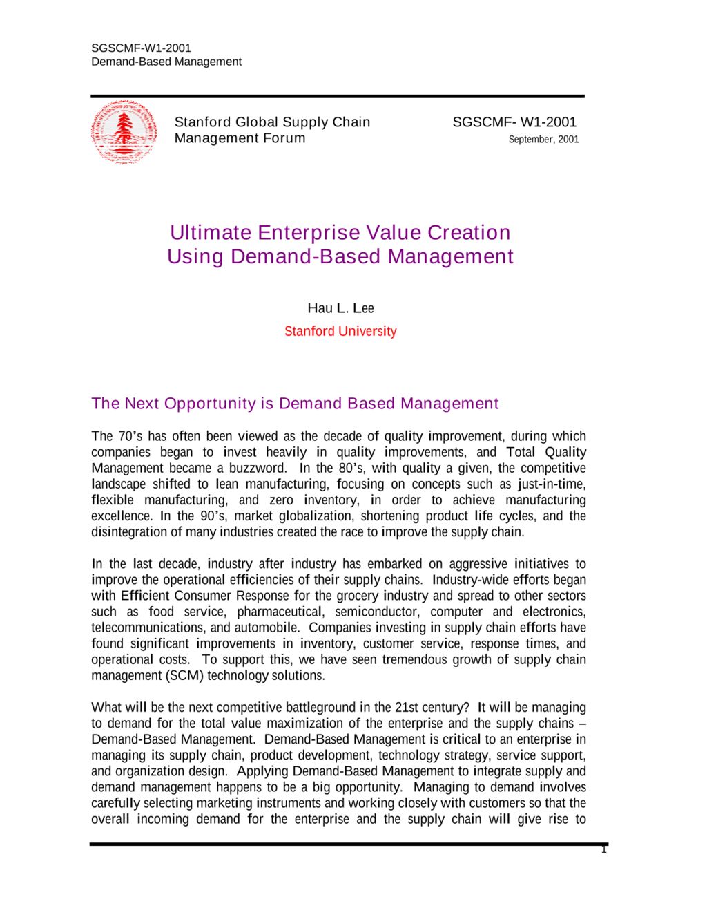 Miniature of Ultimate Enterprise Value Creation Using Demand Based Management