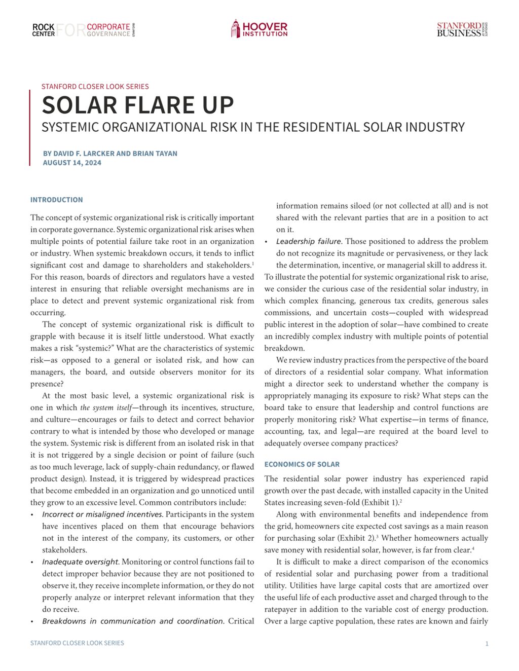 Miniature of Solar Flare Up: Systemic Organizational Risk in the Residential Solar Industry