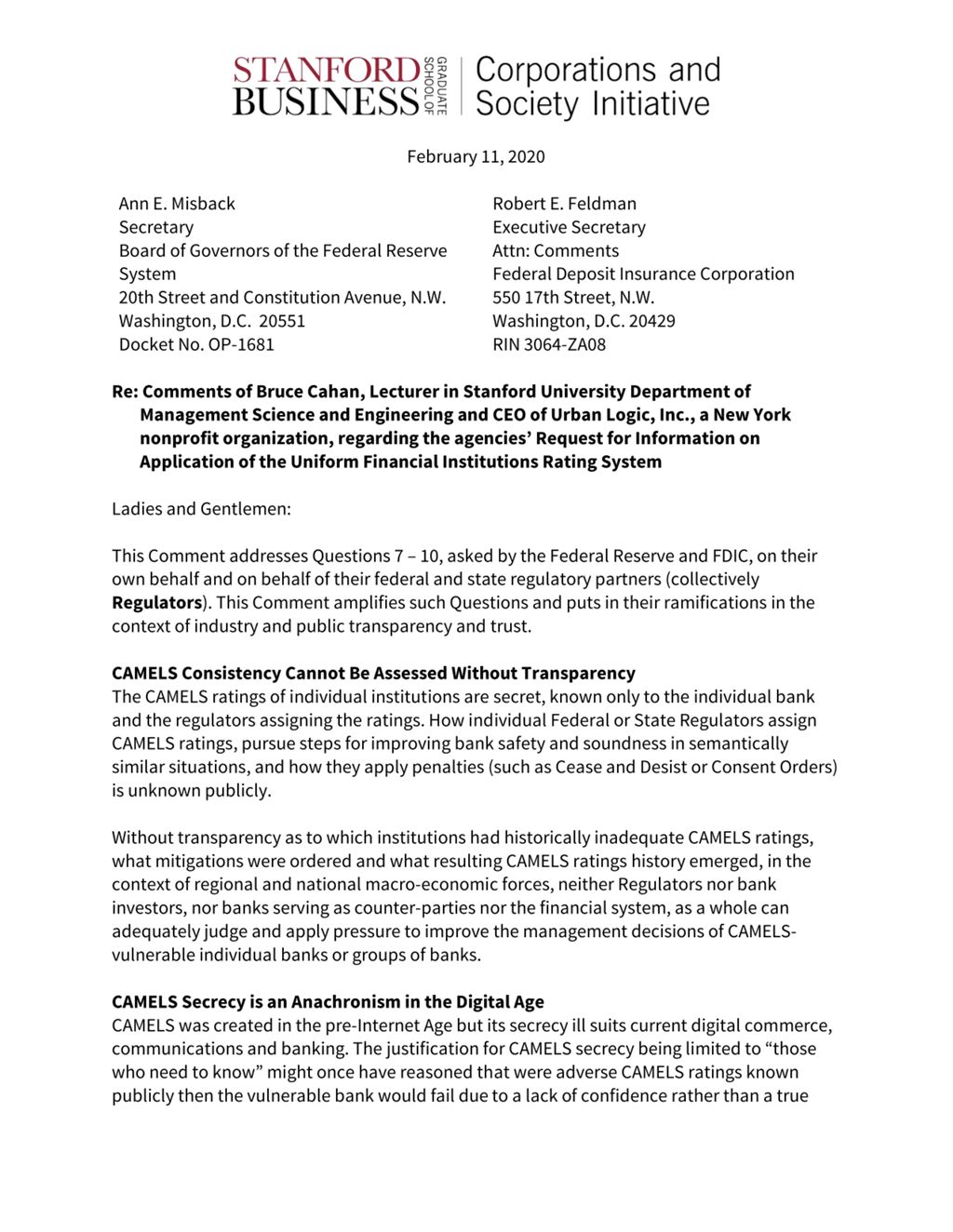 Miniature of Bank Ratings, Comment Letter to the Federal Deposit Insurance Corporation