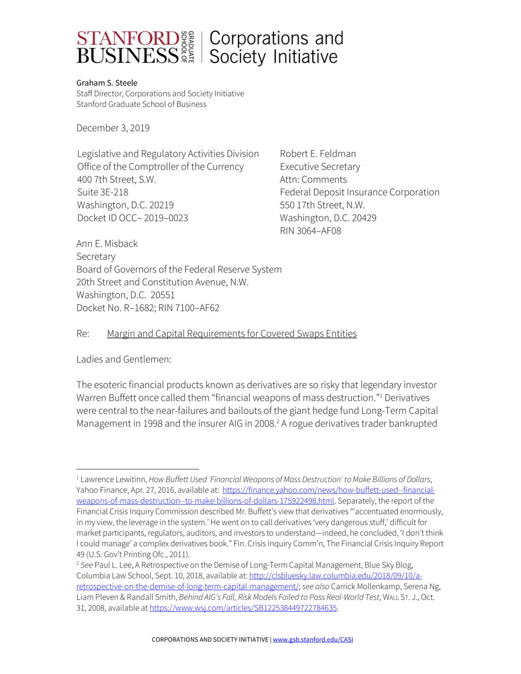 Miniature of Risk Management Measures for Banks’ Derivatives Transactions, Comment Letter to the Board of Governors of the Federal Reserve System