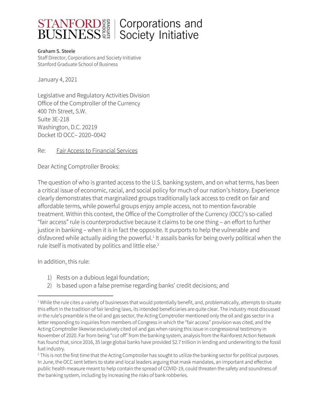 Miniature of “Fair Access” Rule, Comment Letter to the Legislative and Regulatory Activities Division Office of the Comptroller of the Currency